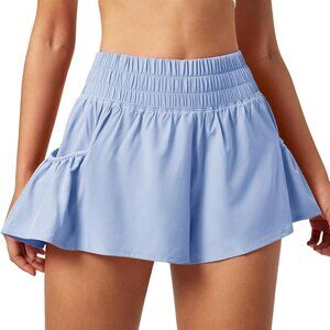 Sky Blue Women's High Waist Flowy Athletic Shorts with Ruffle Hem, Pockets, Quic